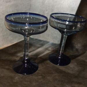 Set Of Hand-Blown Margarita Glasses With  signature cobalt blue rim Handcrafted
